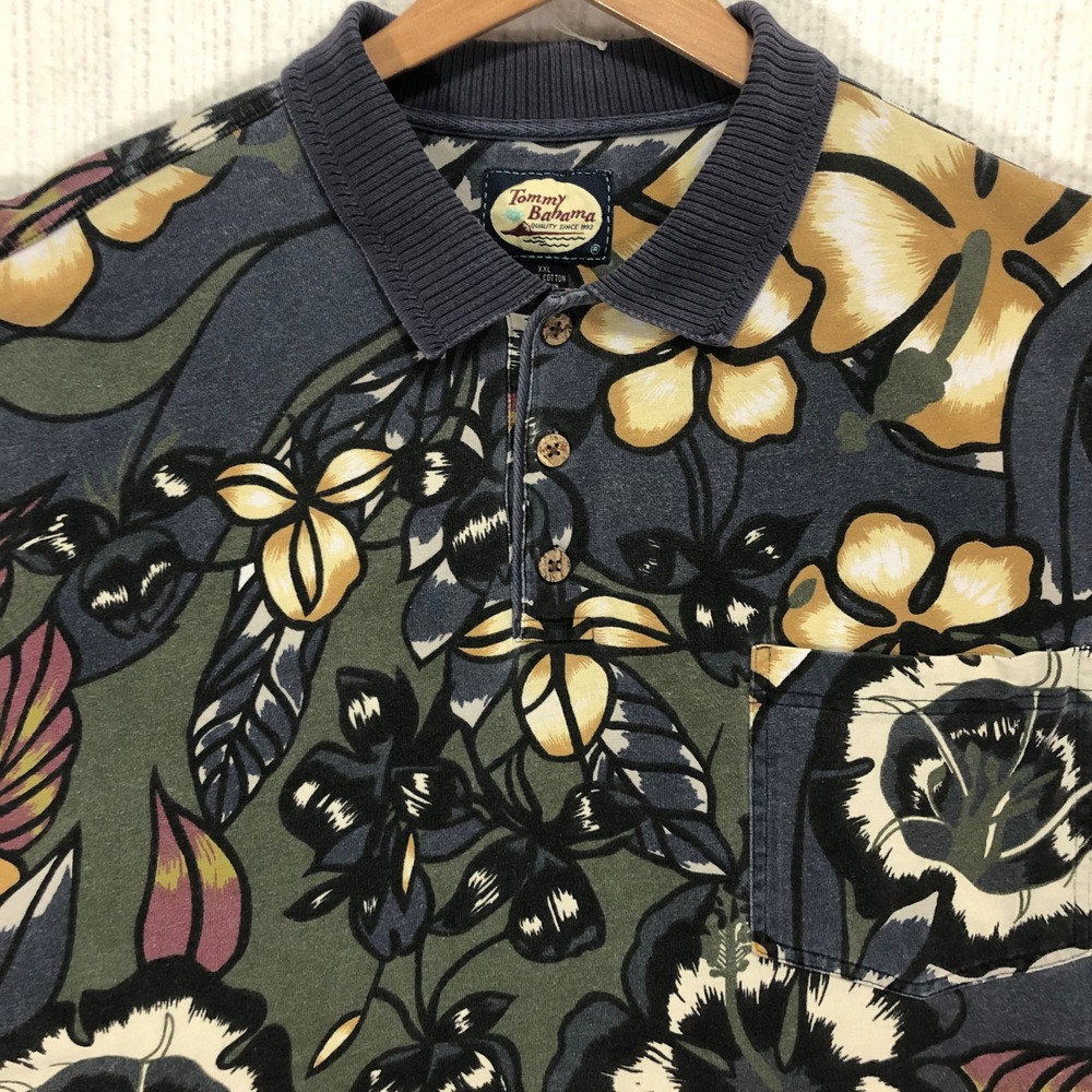 Tommy‎ Bahama XXL Polo Shirt Tropical Hibiscus Floral Pigment Print Navy Blue